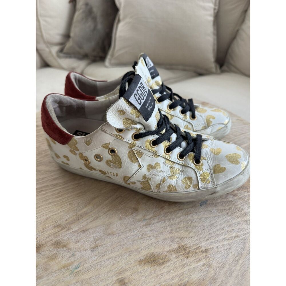GOLDEN GOOSE Gold Glitter Hearts Burgundy Suede Heel Size 37 - Picture 2 of 10